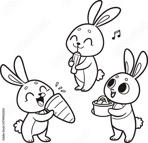 Three Happy Bunnies Enjoying Their Favorite Tasty Treats