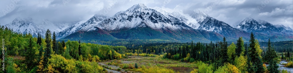 Obraz premium Matanuska Valley Alaska. Colorful Photography of Snowy Mountains, Green Forests, and River in the U.S. State of Alaska