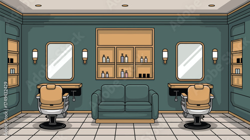 A barber shop interior with two chairs mirrors and a sofa in a cartoon style illustration scene view