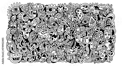 Intricate Black and White Doodle Art Featuring Faces and Eyes