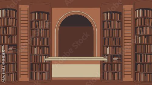 A library interior with bookshelves filling the walls and an arched opening in the center wall