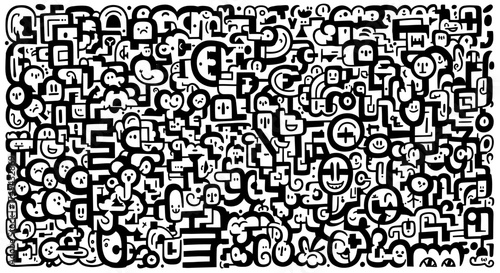 A Whimsical Black and White Doodle Explosion of Abstract Faces and Shapes