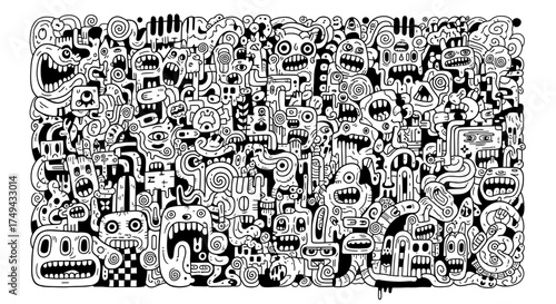 Chaotic Doodle Crowd: A Black and White Monster Mashup Extravaganza
