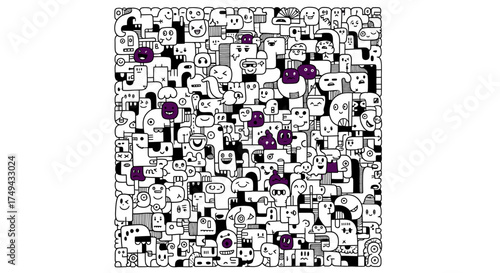 Dense Doodle Crowd: Black and White Cartoon Faces with Purple Accents