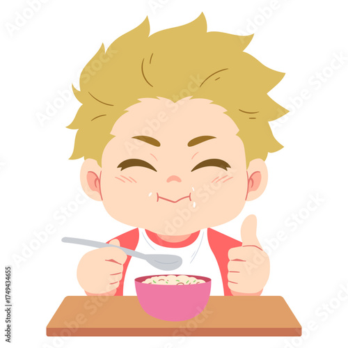 Illustration of a cute boy eating a Bowl of Cereal