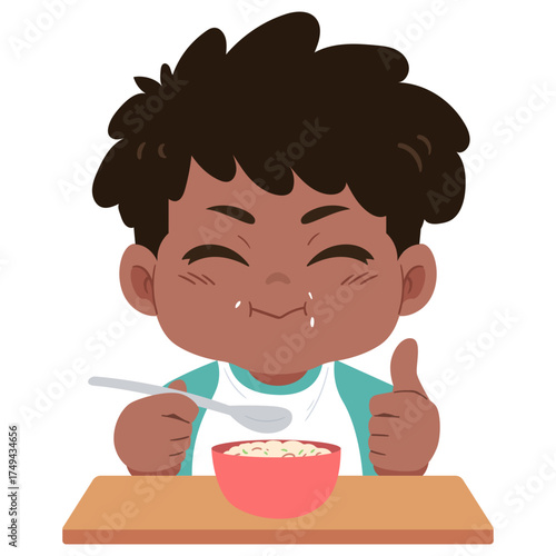Illustration of a cute boy eating a Bowl of Cereal