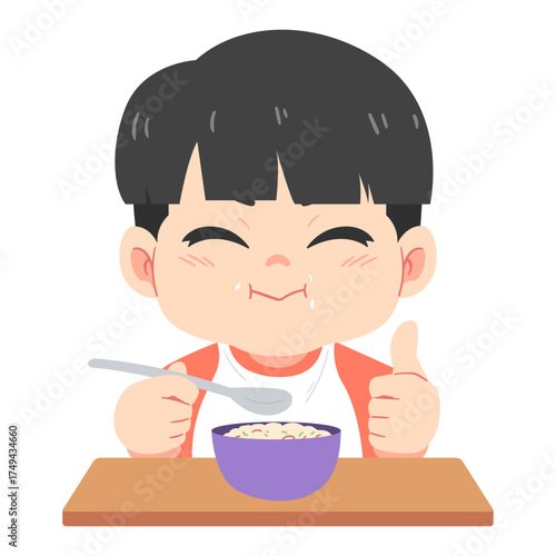Illustration of a cute boy eating a Bowl of Cereal
