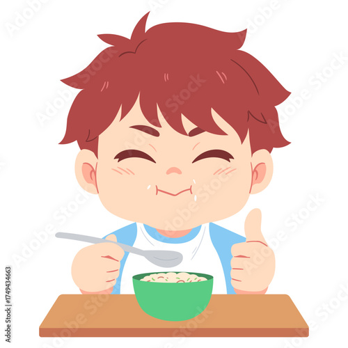 Illustration of a cute boy eating a Bowl of Cereal