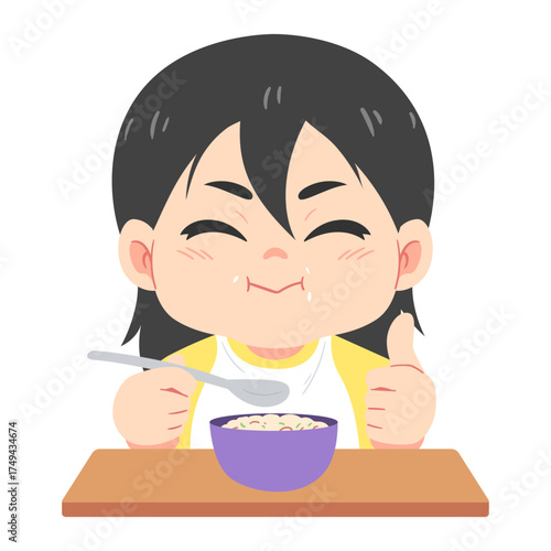 Illustration of a cute girl eating a Bowl of Cereal