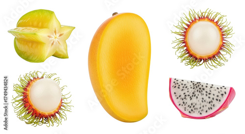 Isolated selection of tropical fruits mango, dragon fruit, carambola, and rambutans, no background