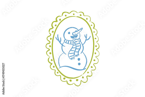 Cute hand drawn snowman with scarf and carrot nose in an oval frame illustration Design