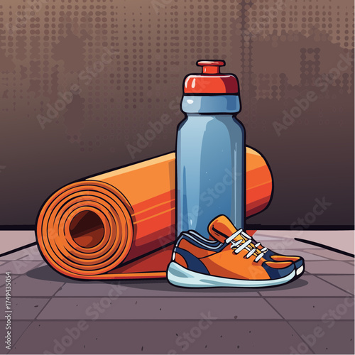 fitness gear with yoga mat, bottle, and sneakers