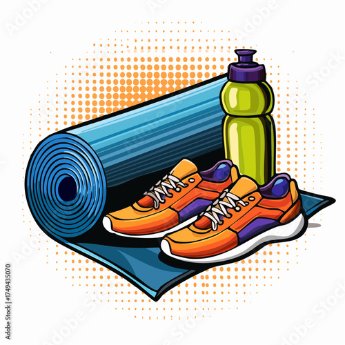 fitness gear with yoga mat, bottle, and sneakers