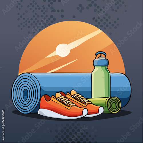 fitness gear with yoga mat, bottle, and sneakers