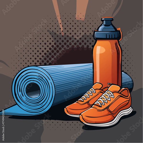 fitness gear with yoga mat, bottle, and sneakers