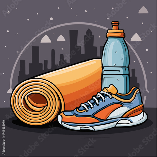 fitness gear with yoga mat, bottle, and sneakers