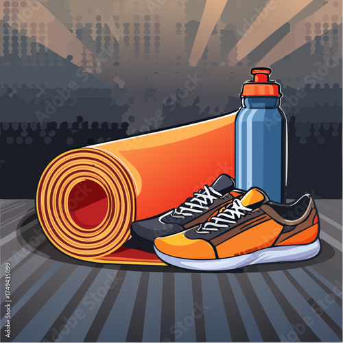 fitness gear with yoga mat, bottle, and sneakers