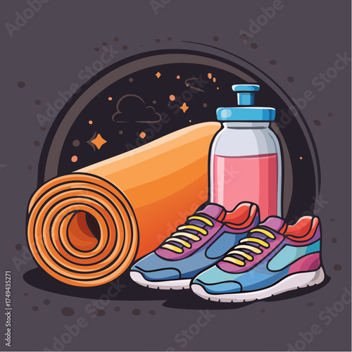 fitness gear with yoga mat, bottle, and sneakers
