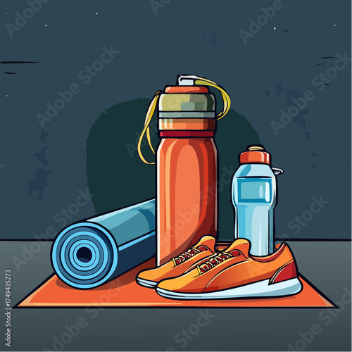 fitness gear with yoga mat, bottle, and sneakers