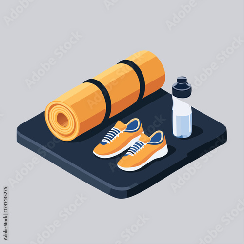 fitness gear with yoga mat, bottle, and sneakers