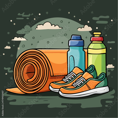 fitness gear with yoga mat, bottle, and sneakers