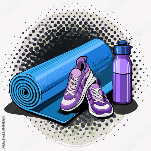 fitness gear with yoga mat, bottle, and sneakers