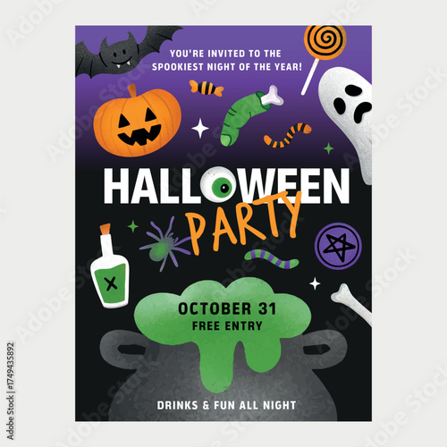 Halloween party poster with spooky elements and typography design.Colorful Halloween party poster with pumpkin, ghost, bat, candies and cauldron. Fun spooky invitation design