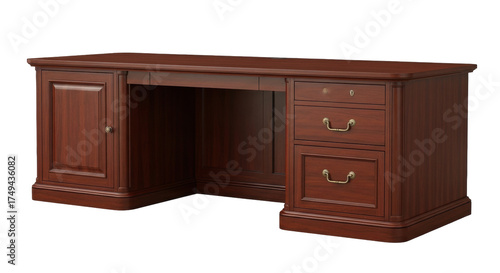 Isolated wooden executive desk with drawers and cabinet for home or office use, furniture