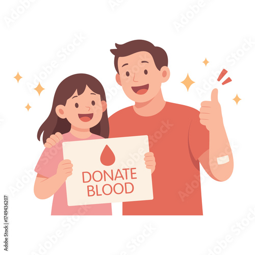 World Blood Donor Day. Happy people holding a sign 'Donate Blood' with positive expressions. Concept of charity, donation, health care, volunteering, and saving lives. Vector illustration.
