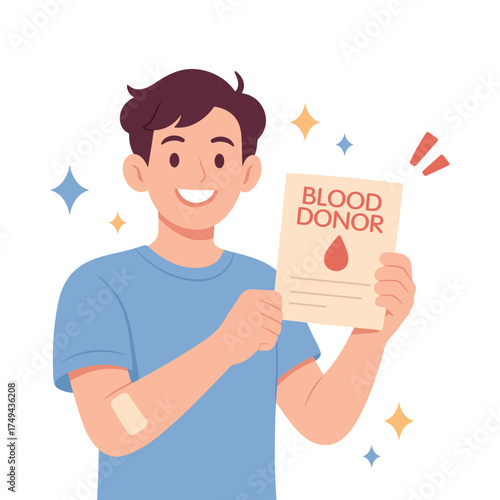 Smiling young man holding a blood donor certificate after donation. Concept of volunteering, healthcare, charity, and saving lives through blood donation. Vector illustration isolated on white.
