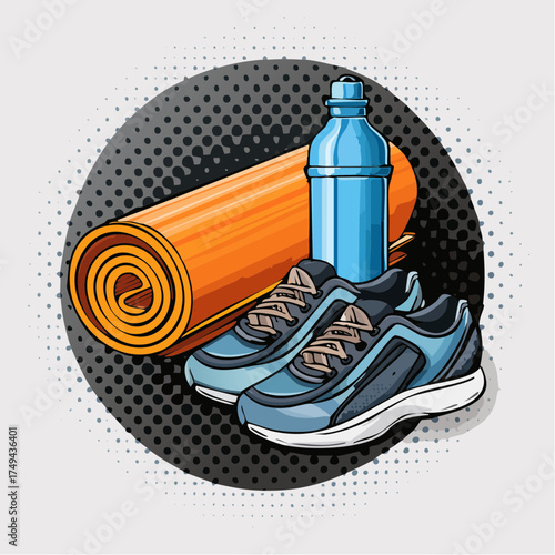 fitness gear with yoga mat, bottle, and sneakers