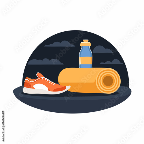 fitness gear with yoga mat, bottle, and sneakers