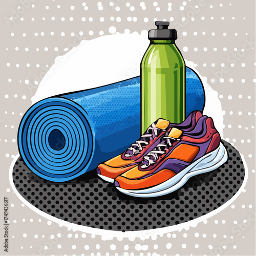 fitness gear with yoga mat, bottle, and sneakers