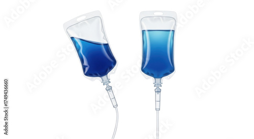 Isolated IV fluid bags, blue liquid for medical treatment, hydration solution, hospital equipment