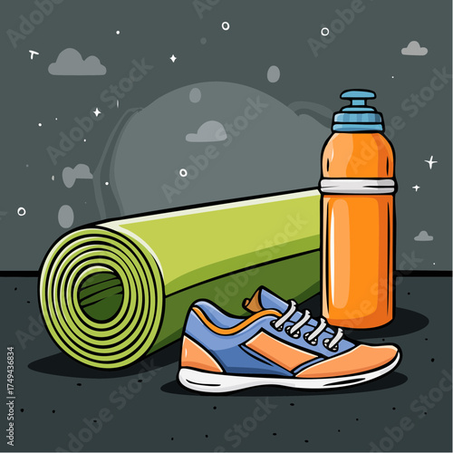 fitness gear with yoga mat, bottle, and sneakers