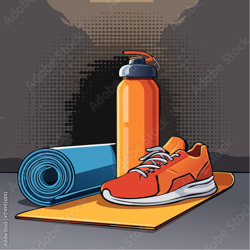 fitness gear with yoga mat, bottle, and sneakers