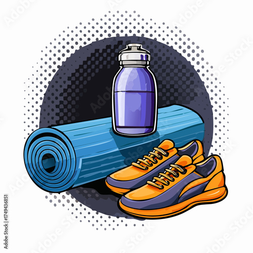 fitness gear with yoga mat, bottle, and sneakers