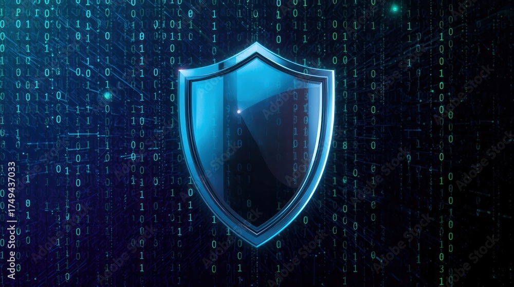Fototapeta premium Cybersecurity concept illustrating data protection and internet privacy with a futuristic glowing shield over a digital binary code background