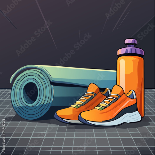 fitness gear with yoga mat, bottle, and sneakers