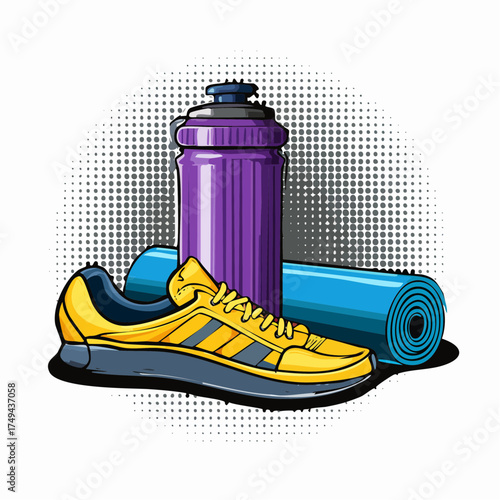 fitness gear with yoga mat, bottle, and sneakers