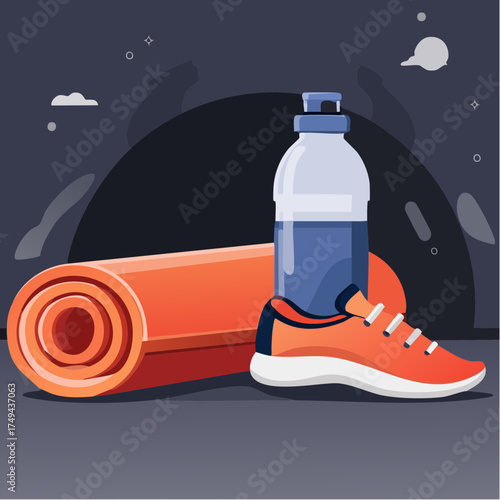 fitness gear with yoga mat, bottle, and sneakers