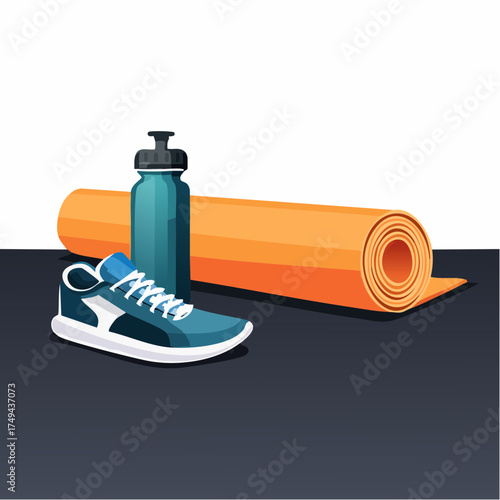 fitness gear with yoga mat, bottle, and sneakers