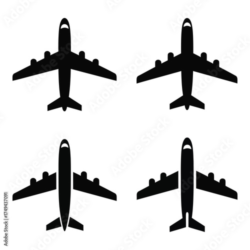 Four silhouette airplanes viewed from above ideal for aviation and travel graphics projects silhouette