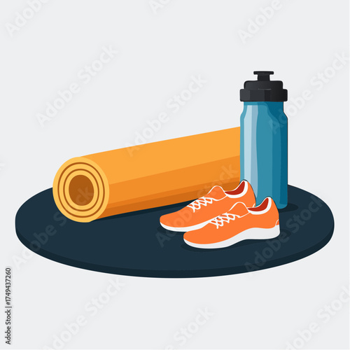 fitness gear with yoga mat, bottle, and sneakers