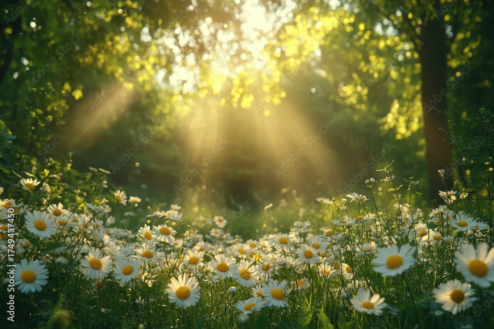 Obraz premium Sunlight filtering through trees illuminating a field of daisies in a serene forest setting