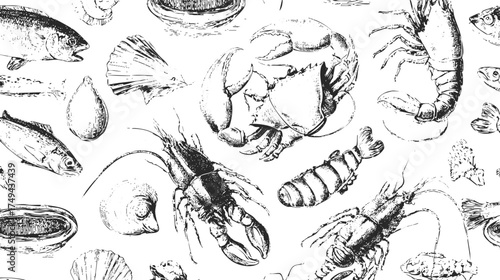 A seamless pattern featuring various seafood illustrations including fish, crabs, lobsters, and shellfish in a blue and white color scheme
