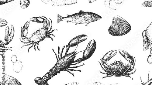 A seamless pattern featuring various seafood illustrations including fish, crabs, lobsters, and shellfish in a blue and white color scheme