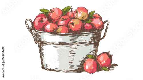 A vintage metal bucket filled with red apples, some apples are outside the bucket, green leaves are visible