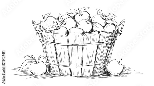 A vintage metal bucket filled with red apples, some apples are outside the bucket, green leaves are visible