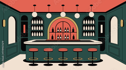Illustration of a stylish bar interior with stools and shelves full of bottles and lighting fixtures